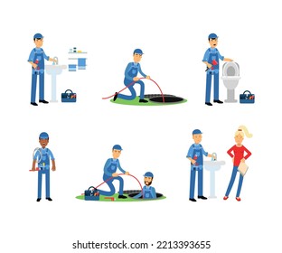 Professional Man Plumber Character in Blue Overalls with Tool Box Repairing and Fixing Plumbing Equipment Vector Set