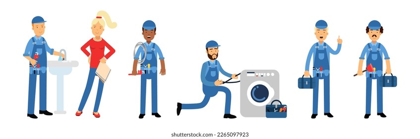Professional Man Plumber Character in Blue Overalls Repairing and Fixing Equipment Vector Set
