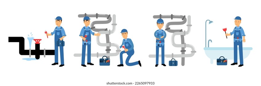 Professional Man Plumber Character in Blue Overalls Repairing and Fixing Equipment Vector Set