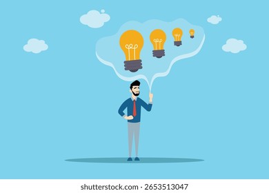 Professional man pointing at glowing light bulbs, representing creative thinking, brainstorming, and innovation in business.