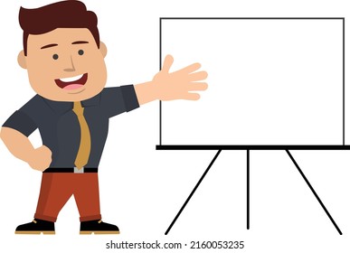 Professional man presenting object, information, on board. Vector.