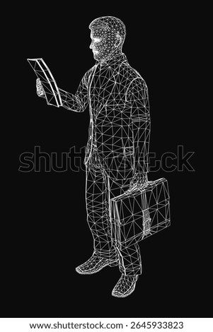 A professional man in a sharp suit and jacket holds a sleek briefcase while reviewing data on a tablet. He stands confidently against a dark black background, exuding a modern business vibe.