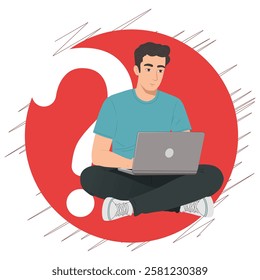 Professional Man Sitting with Laptop, Question Mark Above, Idea Generation and Research Concept, Vector for Presentation Slides