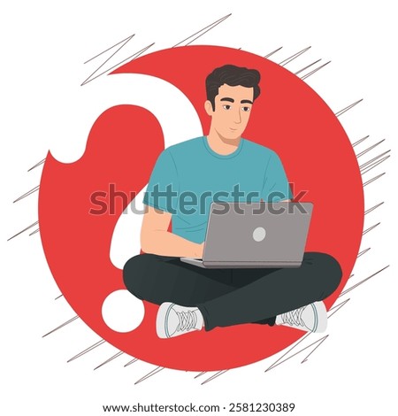 Professional Man Sitting with Laptop, Question Mark Above, Idea Generation and Research Concept, Vector for Presentation Slides