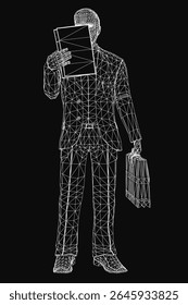 A professional man in a sleek suit holds a briefcase and a book, standing confidently against a dark black background. His jacket is neatly tailored, exuding a business-ready demeanor.