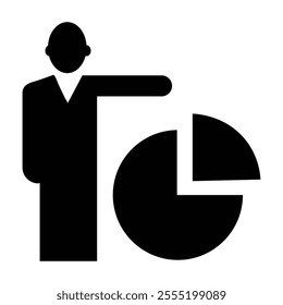 Professional man in a sleek suit pointing confidently at a vibrant pie chart, showcasing key sales data and performance metrics. Sales report icon.