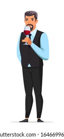 Professional man sommelier smelling and tasting red wine in glass standing isolated on white. Focused male cartoon character in suit. Expert enjoying vinous aroma. Vector flat illustration