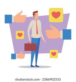 Professional man standing confidently with briefcase, surrounded by symbols of approval and admiration. Positive reinforcement and support in workplace concept