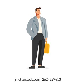 Professional man standing confidently with a briefcase in a stylish casual outfit