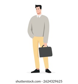 Professional man stands confidently in casual business attire while holding a briefcase