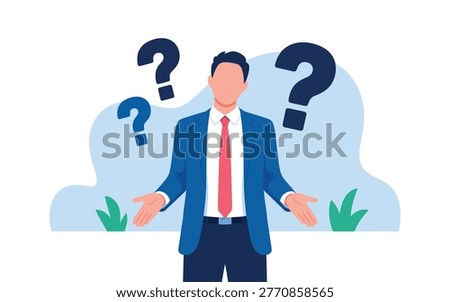 A professional man in a suit appears puzzled, surrounded by various sized question marks, representing deep contemplation and complex queries.