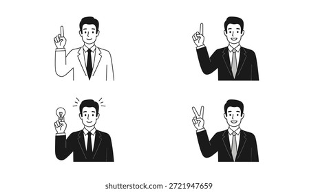 Hombre de Profesional en un conjunto de personajes de traje que muestra varios gestos como señalar, tener una idea y hacer una señal de victoria.