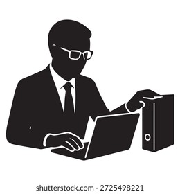 A professional man in a suit and glasses working diligently on his laptop at a desk
