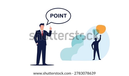 Professional man in a suit points toward a speech bubble containing the word point to emphasize an important topic or idea.