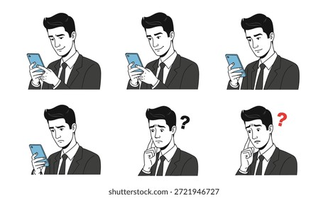 Professional man in a suit is shown in several frames using his smartphone while expressing emotions like happiness and confusion.