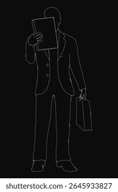 A professional man in a suit stands in sharp silhouette, holding a briefcase and a book against a solid black background. The monochrome composition emphasizes simplicity and elegance