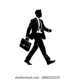 Professional man in suit striding forward carrying a briefcase symbolizing ambition and corporate journey. Ideal for business strategy concepts.