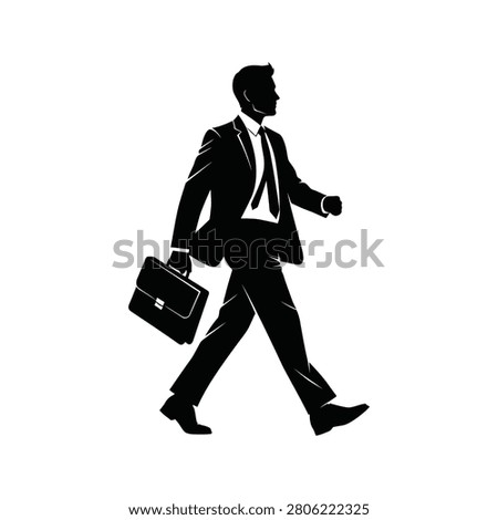 Professional man in suit striding forward carrying a briefcase symbolizing ambition and corporate journey. Ideal for business strategy concepts.