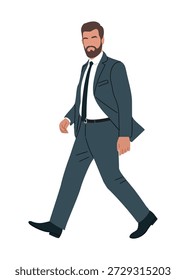 Professioneller Mann, der in einem dunkelgrauen Anzug, weißem Hemd, schwarzer Krawatte und gepflegtem Bart nach vorne geht. Flache Vektorgrafik einzeln auf weißem Hintergrund