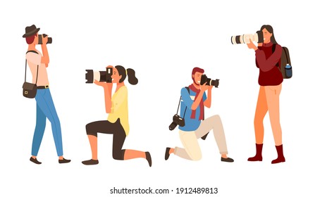 Professional man and woman with camera, shooting outdoor. Photographers set in casual clothes, male and female photographing, paparazzi equipment vector