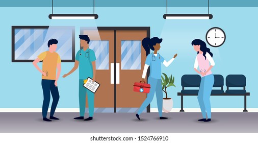 professional man and woman doctors with patients vector illustration