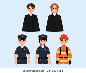 profissional homem e mulher juiz de justiça, sorriso masculino e feminino policial com uniforme, guarda de segurança, dia de trabalho, bombeiro com chapéu e uniforme, bombeiro gesto ilustração
