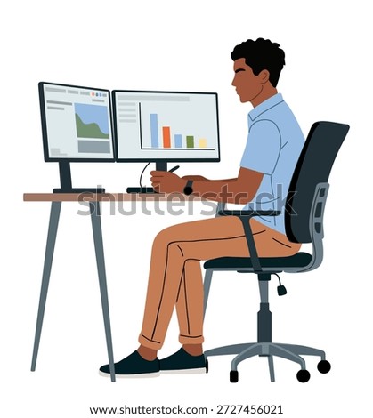 Professional man working at a desk with dual monitors showing charts and graphs, representing data analysis and office work. Flat vector illustration isolated on white background