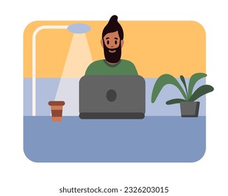 Professional man working in office at night. Shared working environment. Concept of open space office. Coworking concept. Vector flat illustration in blue and yellow colors