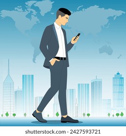 professional man with world map.African American male businessman standing and using wireless internet on mobile phone.