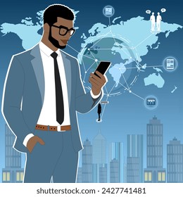 professional man with world map.African American male businessman standing and using wireless internet on mobile phone.