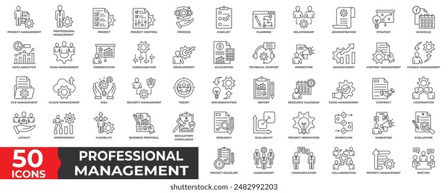 Conjunto de colecciones de iconos de gestión de Profesionales con proyecto, estrategia, planificación, análisis de datos, equipo, gestión, desarrollo, contabilidad, gestión de cambios, seguridad, informe, marketing e innovación