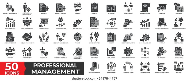 Conjunto de colecciones de iconos de gestión de Profesionales con proyecto, estrategia, planificación, análisis de datos, equipo, gestión, desarrollo, contabilidad, gestión de cambios, seguridad, informe, marketing e innovación