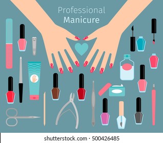 Professional Manicure accessories. Vector horizontal illustration with ladies hands and heart