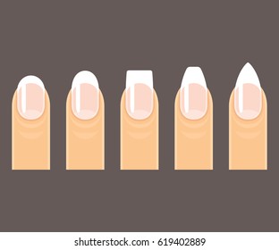 Professional manicure nail shapes set. Round, square and pointy (stiletto) nails on dark background. Vector illustration.