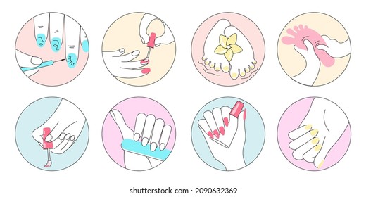 Pancartas redondas de manicura profesional y procedimiento de pedicura. Ilustración del vector de arte plano.