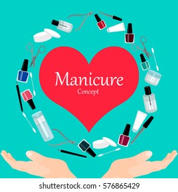 Professional manicure poster in flat style. Manicure concept with hands and heart. Vector illustration.