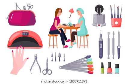 Professional manicure set. Hands and nail treatment. Grooming kit. Clippers, tweezers, cutters. Pedicure service collection. Vector illustration in a flat cartoon style isolated on white background.