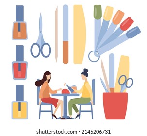 Professional manicure set. Various manicure supplies, equipment, tools. Nail scissors, nail file, nail polish. Woman visiting beauty salon and master manicure. Vector flat illustration