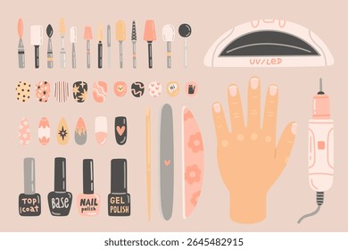 Ferramentas de manicura profissional - brocas de unha, lixadeira, esmalte de unha, base, frascos superiores, lâmpada. Vários equipamentos para salão unha cuidado e arte. Conjunto de elementos de design em estilo plano. Ilustração em desenho animado