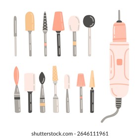 Ferramentas de manicura profissional - brocas de unhas, lixadeira de unhas. Equipamento para salão ou casa unha cuidado e arte. Conjunto de elementos de design em estilo plano. Ilustração de desenho animado vetorial