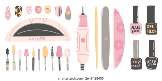 Ferramentas de manicura profissional - brocas de unha, lixadeira, esmalte de unha, base, frascos superiores, lâmpada. Vários equipamentos para salão unha cuidado e arte. Conjunto de elementos de design em estilo plano. Ilustração em desenho animado