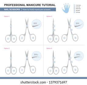 Professional Manicure Tutorial. How to Hold Manicure Scissors. Vector Illustration