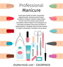 Professional manicure vector banner or poster template with manicure tools