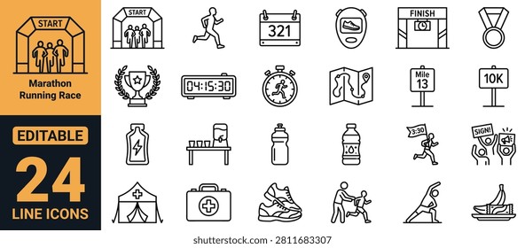 Professional marathon running race line icons featuring runner, race bib, timing chip, hydration station, finish line, medal and event essentials. Ideal for UI, UX, web, mobile apps, dashboards, presentations, branding, print materials and sports infographics.