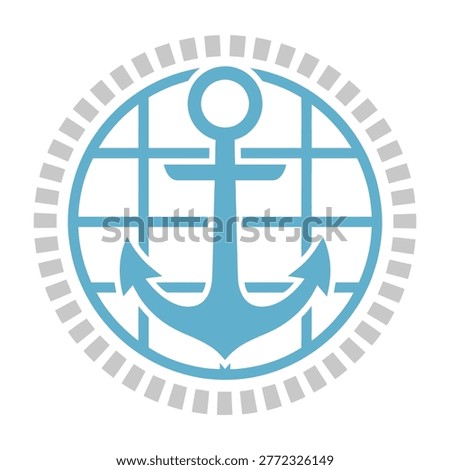 A professional maritime logo featuring a blue anchor centered over a global grid circle. Perfect for shipping companies, marine logistics, travel agencies, and ports.
