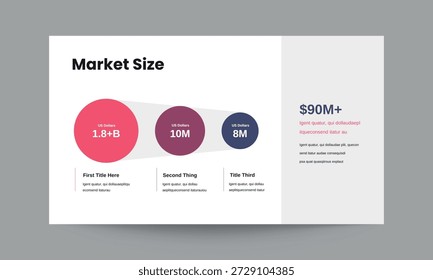 Profesional Plantilla de diapositivas de presentación del tamaño del mercado diseñada para presentar claramente el mercado accesible total y el potencial de crecimiento útil del mercado. Ideal para presentaciones de presentación de startups, presentaciones de inversores, planificación de negocios y análisis de mercado. Diseño moderno y limpio totalmente editable y fácil de personalizar para uso corporativo y de inicio.