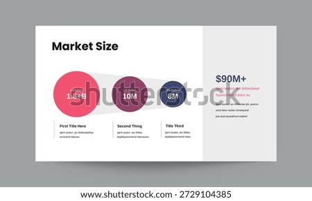 Professional Market Size presentation slide template designed to present total addressable market serviceable market and growth potential clearly. Ideal for startup pitch decks investor presentations business planning and market analysis slides. Clean modern layout fully editable and easy to customize for corporate and startup use.