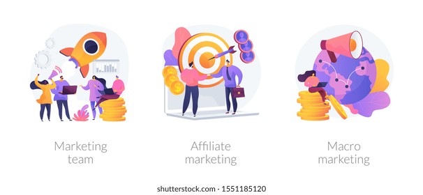 Professional marketers service, advertising business, worldwide networking icons set. Marketing team, affiliate marketing, macro marketing metaphors. Vector isolated concept metaphor illustrations