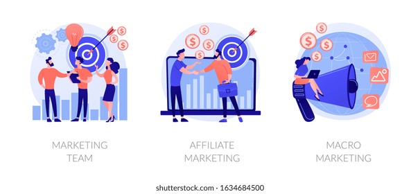Professional marketers service, advertising business, worldwide networking icons set. Marketing team, affiliate marketing, macro marketing metaphors. Vector isolated concept metaphor illustrations