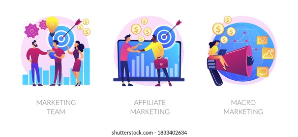 Professional marketers service, advertising business, worldwide networking icons set. Marketing team, affiliate marketing, macro marketing metaphors. Vector isolated concept metaphor illustrations